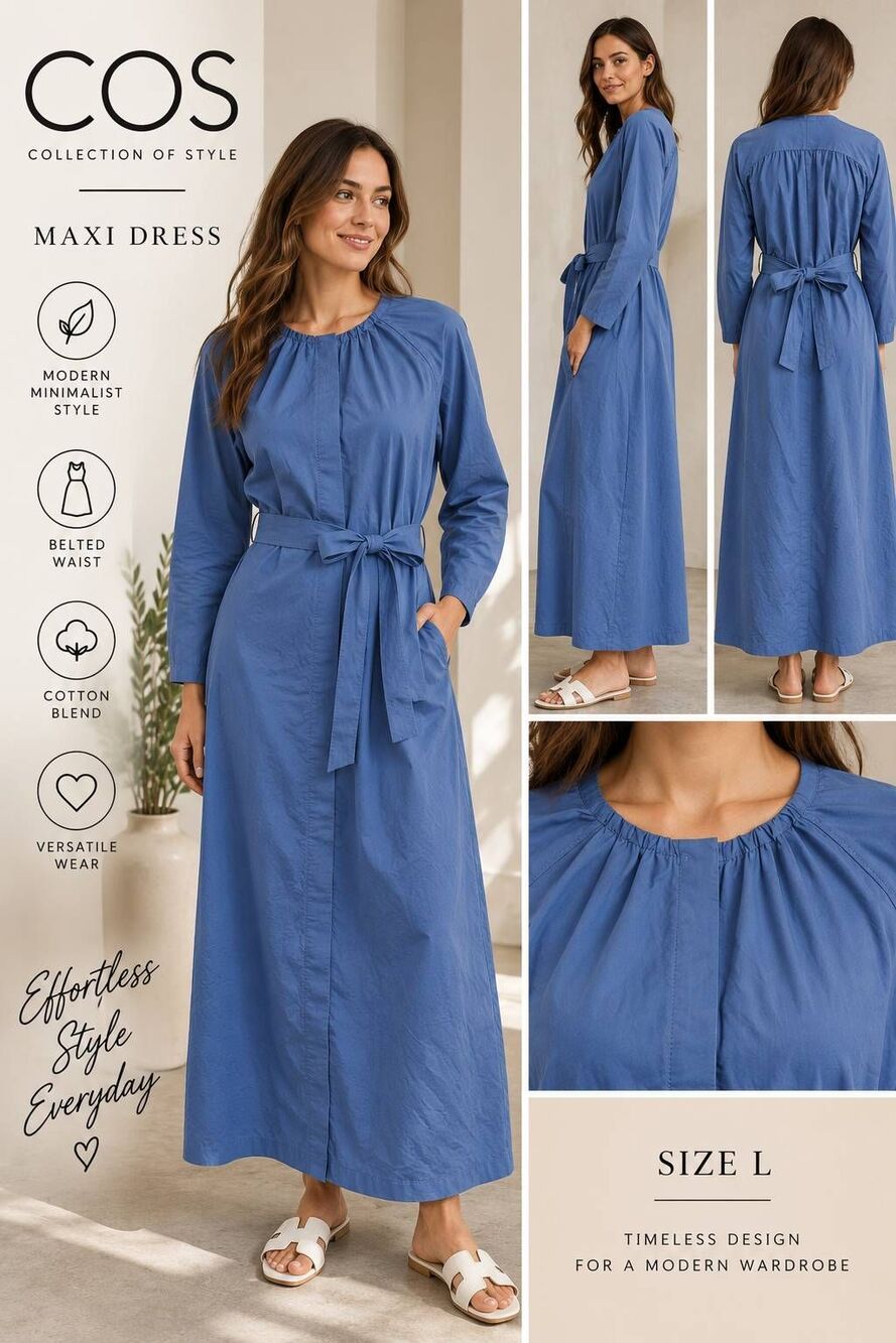 COS Women’s L Blue Belted Maxi Dress Long Sleeve Cotton Blend Minimalist